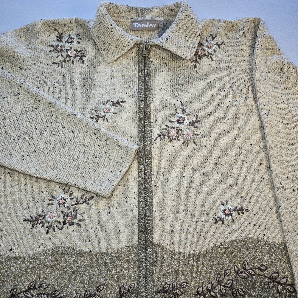 Vtg‎ TanJay Zip Up Sweater Cardigan Medium Floral Embroidered Cottagecore...